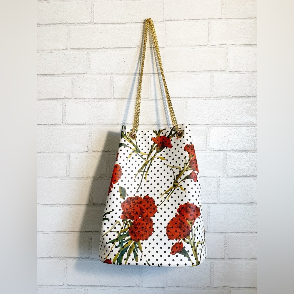 Stylish New Red Floral & Black Polka Dot Gold Chain Bucket Shoulder Bag - Picture 3 of 5
